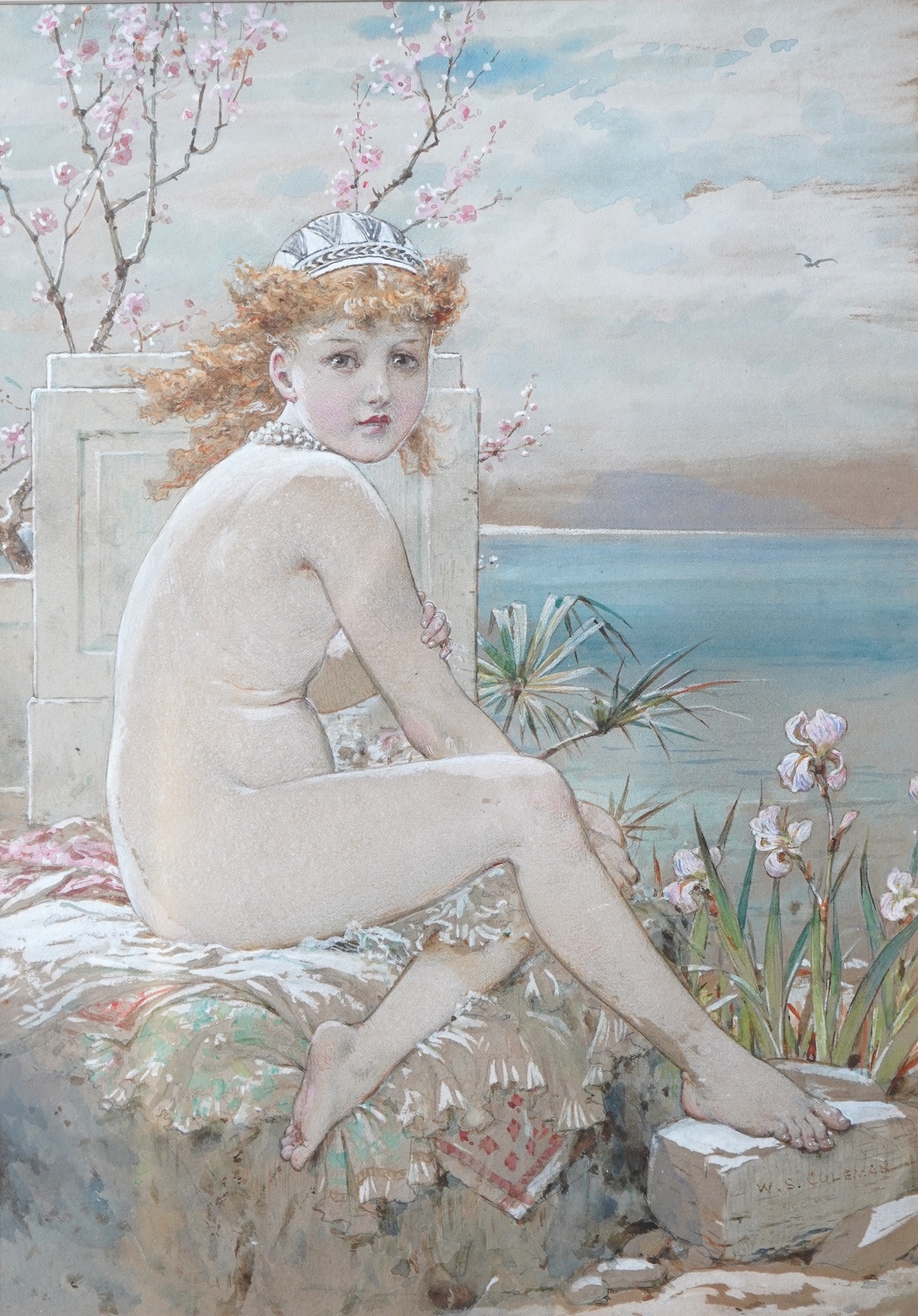 William Stephen Coleman, 1829-1904, Portrait of a seated young girl before a monument and blossom